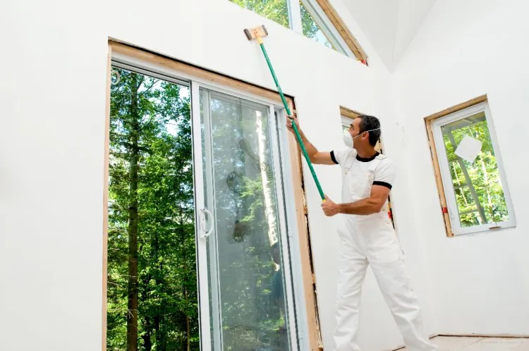 A man sands drywall in an unfinished house, before painting. (Photos.com)