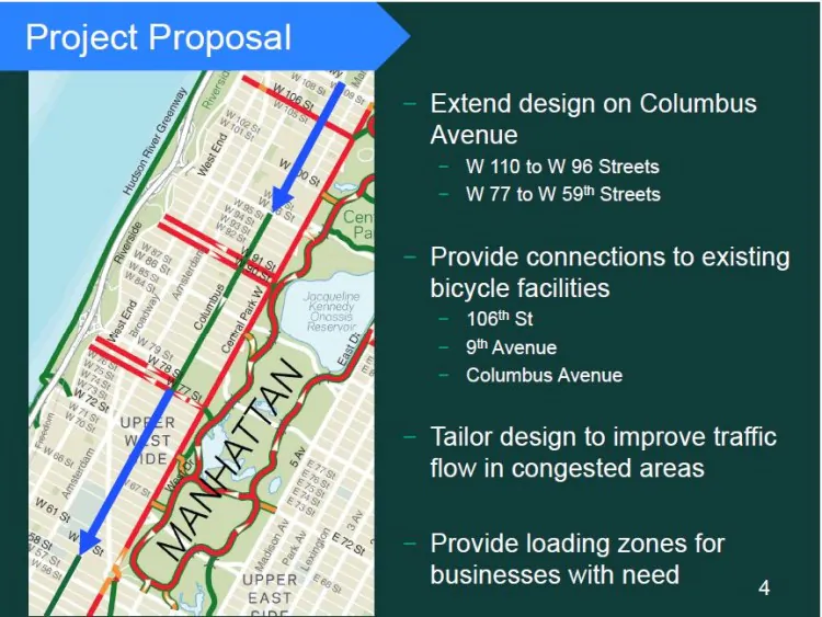 The proposed bike lane extensions on Manhattan's Upper West Side. (Courtesy of DOT)