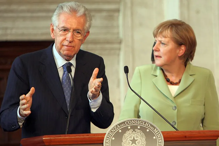 Italian Prime Minister Mario Monti and German Chancellor Angela Merkel answer questions at the end of their meeting last week in Rome. The leaders of Germany, Italy, Spain, and France met in Italy's capital to form a consensus on the handling of Europe's financial crisis ahead of the larger European Union summit June 28 and 29. (Franco Origlia/Getty Images)