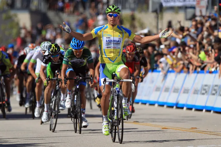 Peter Sagan celebrates as he crosses the finish line to win Stage Two of the Tour of California ahead of Heinrich Haussler and Leigh Howard. (Doug Pensinger/Getty Images)