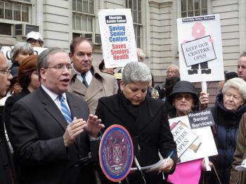NOT NOW: Manhattan Borough President Scott Stringer speaks out against a plan to revamp senior centers, which he and other elected officials say is poorly timed. (Christine Lin/Epoch Times)