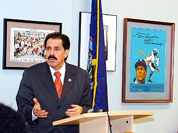 IMMIGRANT FUNDS: Rep. Jose Serrano at a check awarding ceremony on Monday. Rep. Serrano secured $300,000 for the Northern Manhattan Coalition for Immigrants Rights for legal and educational services for the Bronx. (Li Xin/The Epoch Times)