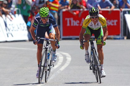 Alejandro Valverde (L) edges out Simon Gerrans (R) to win Stage Five of the 2012 Tour Down Under. (Morne de Klerk/Getty Images)