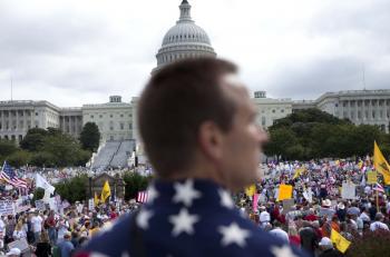 Protesters gather on Capitol Hill during the Tea Party Express rally on September 12, 2009 in Washington, DC. (Brendan Smialowski/Getty Images)