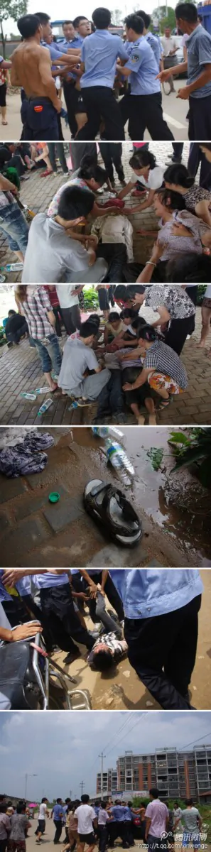 Photos uploaded on the Tencent microblogging site show family members gathered around purportedly children who died after drowning in a river in the Chinese city of Fuzhou. Other photos show police apparently attacking crowds of people who gathered. (Tencent QQ)