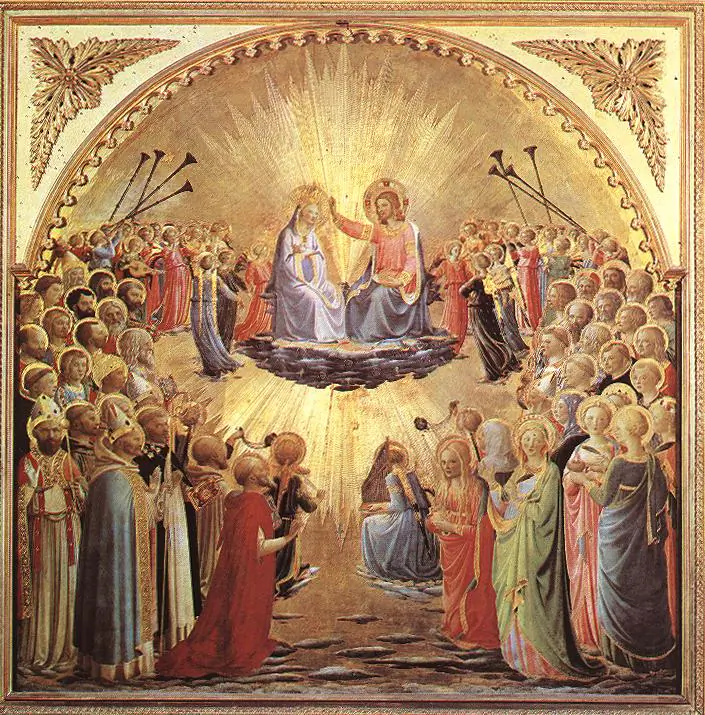 Fra Angelico (1387–1455), “The Coronation of the Virgin,” tempera on wood, 1430–1435, Galleria degli Uffizi (Florence, Italy). (Artrenewal.com)