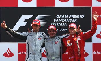 Race winner Rubens Barrichello (C) shares the podium with team mate Jenson Button (L) and Räikkönen. (Vladimir Rys/Bongarts/Getty Images) Race winner Rubens Barrichello (C) shares the podium with team mate Jenson Button (L) and Räikkönen. (Vladimir Rys/Bongarts/Getty Images)