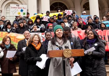 TRANSPARENCY: Student youth leader Jaritza Geigel is joined by elected officials and other student advocates supporting the School Safety Act on Dec.16 at City Hall. (The Epoch Times) TRANSPARENCY: Student youth leader Jaritza Geigel is joined by elected officials and other student advocates supporting the School Safety Act on Dec.16 at City Hall. (The Epoch Times)