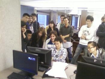Students at the University of Toronto interrupt their studies to watch the Olympic male hockey final together on the computer. The author is sitting in the middle, fourth from the left. (Courtesy of Arthur Faisman) Students at the University of Toronto interrupt their studies to watch the Olympic male hockey final together on the computer. The author is sitting in the middle, fourth from the left. (Courtesy of Arthur Faisman)