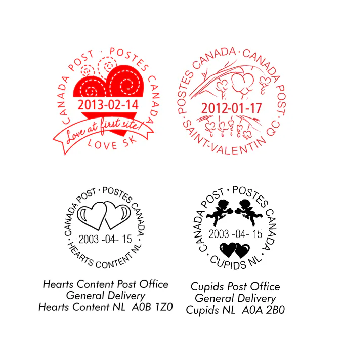 Specially designed “cancels” from Canada’s most romantically named post offices. Clockwise from bottom left: Heart’s Content (NL) Love (SK) Saint-Valentin (QC) and Cupids (NL). (Canada Post)