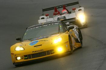 Olivier Berretta drives the #4 GT2 Corvette Racing Chevrolet Corvette C6-R ahead of Marco Werner in the #1 Audi. (Darrell Ingham/Getty Images) Olivier Berretta drives the #4 GT2 Corvette Racing Chevrolet Corvette C6-R ahead of Marco Werner in the #1 Audi. (Darrell Ingham/Getty Images)