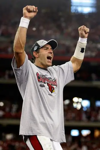 THIRD TIME: Arizona’s Kurt Warner celebrates after earning a trip to Tampa for his third, and the Cardinal’s first, Super Bowl. (Jamie Squire/Getty Images)