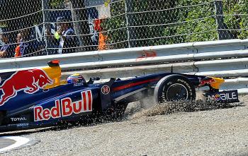 Red Bull's Mark Webber got pushed off in the first lap, ending his day and hurting his points quest. (Giuseppe Cacace/AFP/Getty Images) Red Bull's Mark Webber got pushed off in the first lap, ending his day and hurting his points quest. (Giuseppe Cacace/AFP/Getty Images)