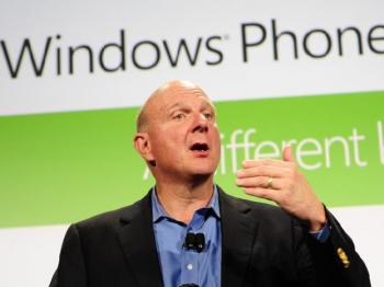 NEW MOBILE OS: Microsoft Chief Executive Steve Ballmer unveils Windows Phone 7, a new mobile phone operating system, as Microsoft seeks to regain ground lost to the iPhone, Blackberry, and devices powered by Google's Android software, during an event in N (Emmanuel Dunand/Getty Images)