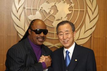 Musician Stevie Wonder (L), who was appointed The United Nations Messenger of Peace, stands with UN Secretary-General Ban Ki-moon at the United Nations on December 3, in New York City. (Neilson Barnard/Getty Images )