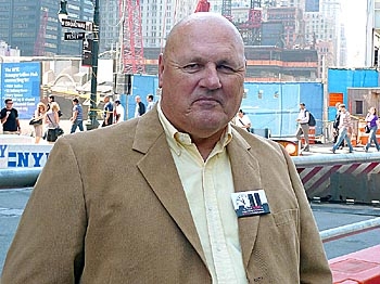 JUSTICE ON THE HORIZON: Joseph Zadroga, father of NYPD Detective James Zadroga, stands in front of the World Trade Center construction site on Sept. 8. James Zadroga inspired a first responders' compensation bill named in his honor, after his rescue efforts at the site led to respiratory ailments and his subsequent death four years later. (Andrea Hayley/The Epoch Times)