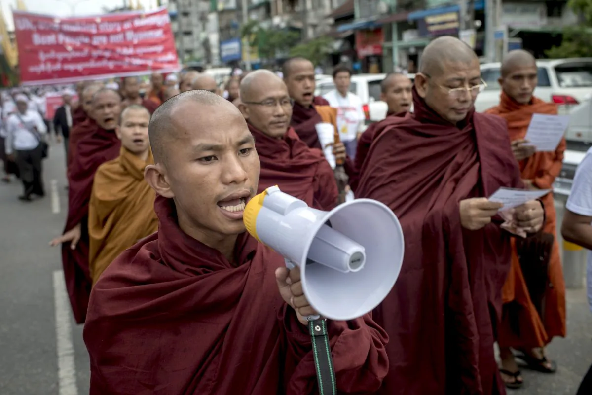 Buddhist monks demonstrate against the UN and the return of Rohingya Muslims, in Yangon, Burma, on May 27, 2015. (Jonas Gratzer/Getty Images)