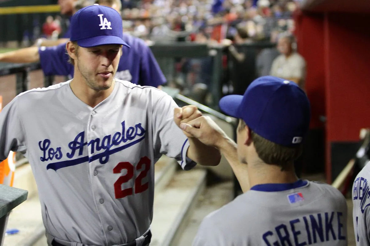 Ace starters Clayton Kershaw (L) and Zach Greinke have the Los Angeles Dodgers in first place in the NL West. (Jason Wise/Getty Images)