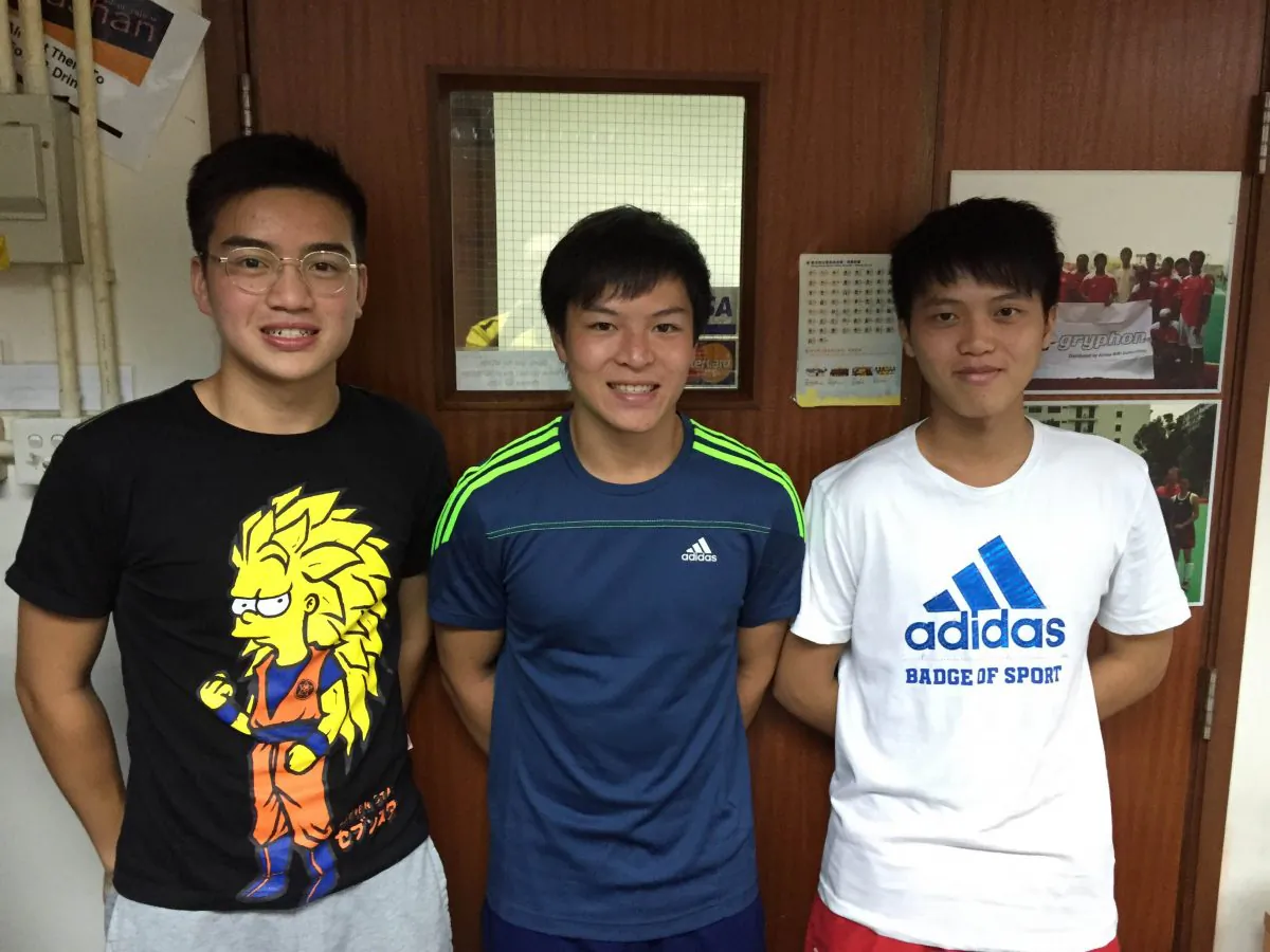 (L-R) Shaheen Sport Club youngsters, Windfall Wing Fung Monthong, Ken Tsang Kin Kan and Chris Tso Tze Fung ready to leave for Malaysia for hockey training with Kuala Lumpur Hockey Club, on July 30, 2015. (Shaheen Sport Club)