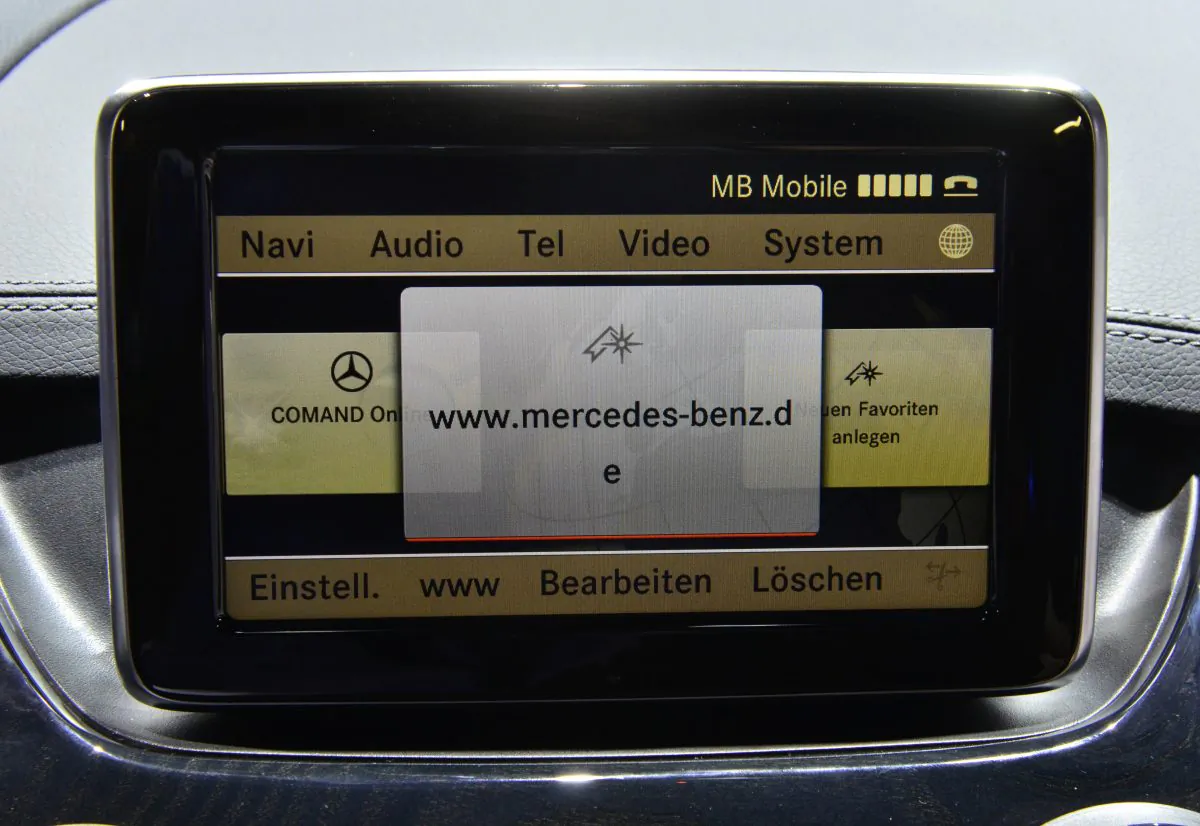 The onboard computer of a Mercedes-Benz B-class displays the URL of the German car producer, at the IAA (Internationale Automobil-Ausstellung) expo in Frankfurt/ Germany, Sept. 14, 2011. (Thomas Kienzle/AFP/Getty Images)