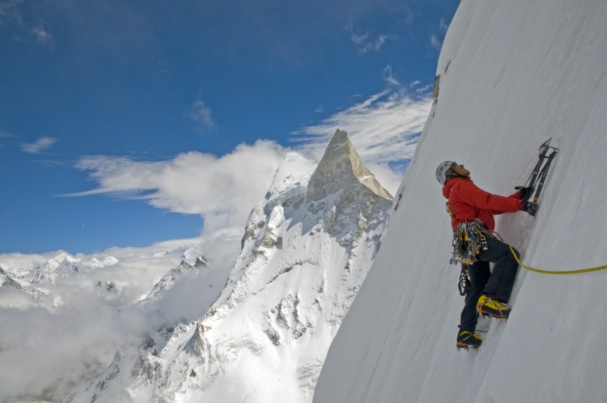 climber with ice axes in Meru