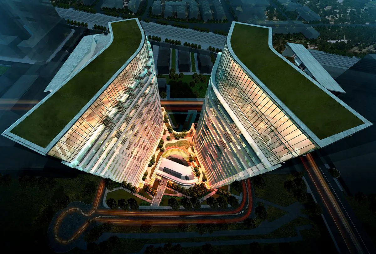 Aerial view of Liberty Central on the Lake at night. (Courtesy of Home Marketing Group Ltd.)