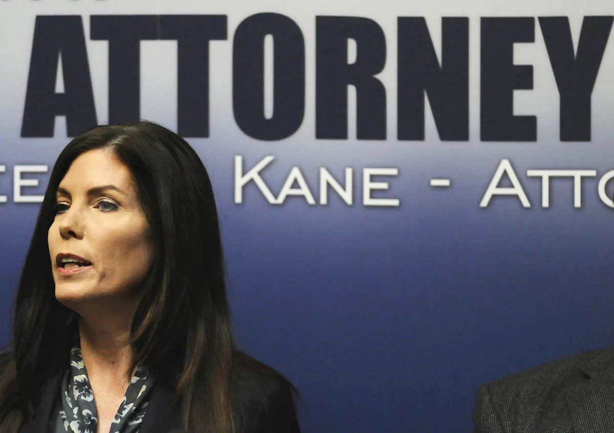 In this Feb. 13, 2015, file photo, Pennsylvania Attorney General Kathleen G. Kane speaks during a news conference in Scranton, Pa. Kane, the first woman and first Democrat elected attorney general in Pennsylvania, was charged Thursday, Aug. 6, 2015, with perjury, obstruction, abuse of office, conspiracy and false swearing. (Butch Comegys/The Times Tribune via AP)
