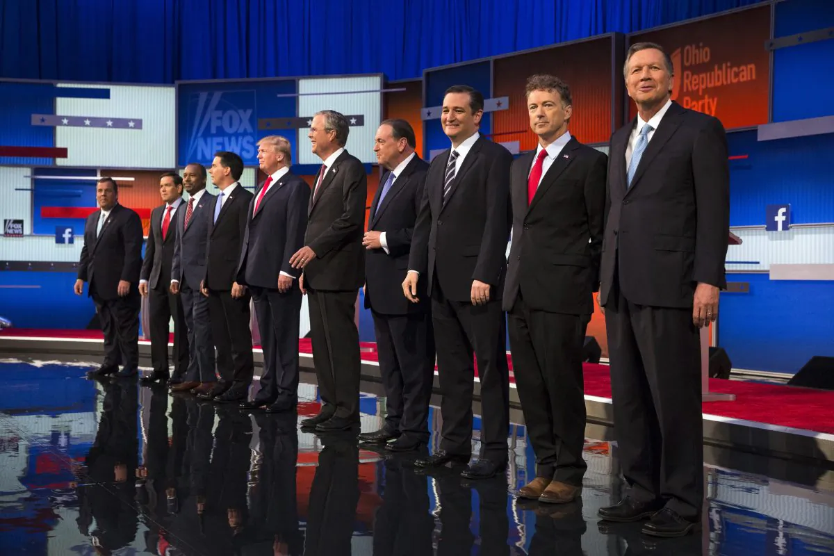 Republican presidential candidates (L-R) Chris Christie, Marco Rubio, Ben Carson, Scott Walker, Donald Trump, Jeb Bush, Mike Huckabee, Ted Cruz, Rand Paul, and John Kasich take the stage for the first Republican presidential debate at the Quicken Loans Arena in Cleveland on Thursday, Aug. 6, 2015. (AP Photo/John Minchillo)