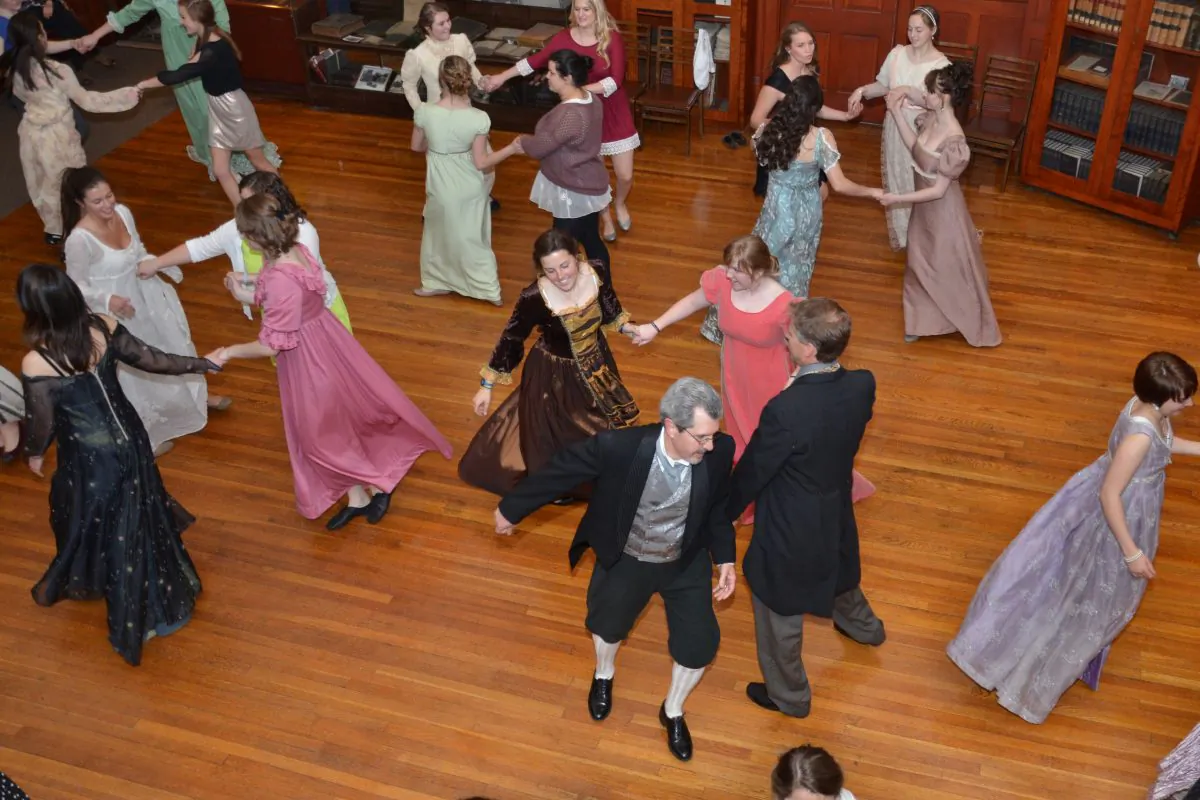 The Jane Austen Ball held annually for students in the English Country dance class at St. Mary’s College. (Courtesy of Rosalind Clark)