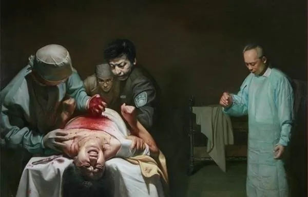 A painting shows Chinese police and doctors harvesting the organs of a living Falun Gong practitioner. Investigators believe thousands of Falun Gong adherents have had their organs harvested by Chinese authorities. (Minghui.org)