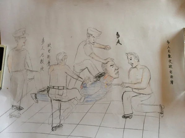 Drawing of police officers stepping on a prisoner's back, pulling his hair, and shocking his neck with an electric baton (Screenshot via Xinhua News Agency).