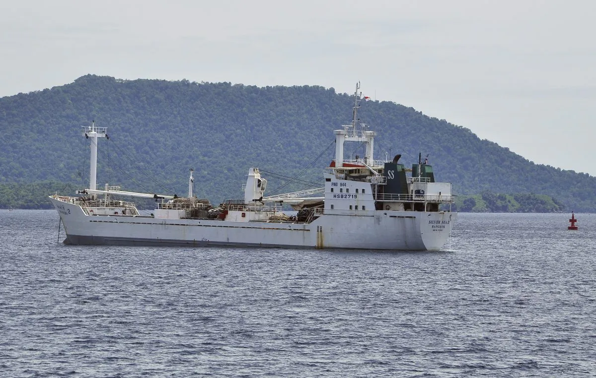 Thai-owned cargo ship Silver Sea 2 is anchored off an Indonesian Navy base in Sabang, Aceh province, Indonesia, Thursday, Aug. 13, 2015. (AP Photo/Syahrul Rizal)