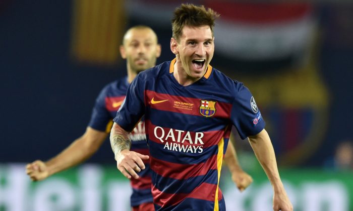 Barcelona's Argentinian forward Lionel Messi celebrates after scoring a goal during the UEFA Super Cup final football match between FC Barcelona and Sevilla FC in Tbilisi on August 11, 2015. (Kirill Kudryavtsev/AFP/Getty Images) 