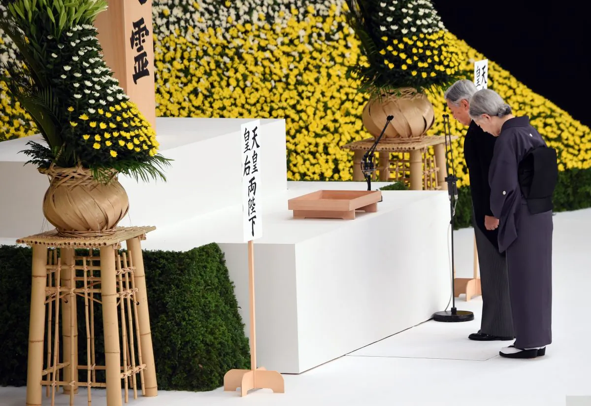 Emperor Akihito (2nd R) and Empress Michiko (R) offer silence prayers before the altar during the annual memorial service for war victims in Tokyo on August 15, 2015. Japan's emperor Akihito said on August 15 that he felt "profound remorse" over World War II -- a conflict that Tokyo fought in the name of his father Hirohito. Japan marked the 70th anniversary of the end of the World War II on August 15 under criticism from neighbours China and South Korea which said Prime Minister Shinzo Abe's speech the day before failed to properly apologise for Tokyo's past aggression. (Toru Yamanaka/AFP/Getty Images)