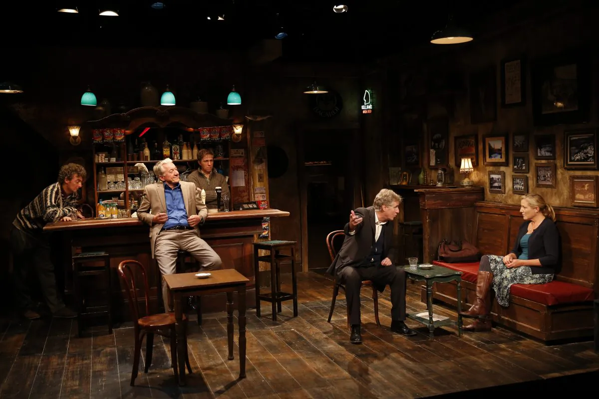 The cast of “The Weir,” (L–R) John Keating, Sean Gormley, Tim Ruddy, Paul O'Brien, and Mary McCann, in a splendid production of the touching play. (Carol Rosegg)