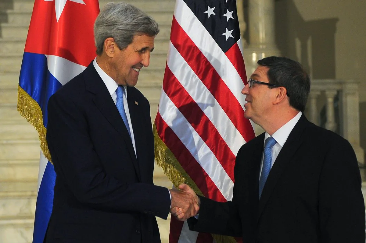 US Secretary of State John Kerry (L) shakes hands with Cuban Minister of Foreign Relations Bruno Rodriguez Parrilla during a meeting in Havana on August 14, 2015. (Yamil Lage/AFP/Getty Images)