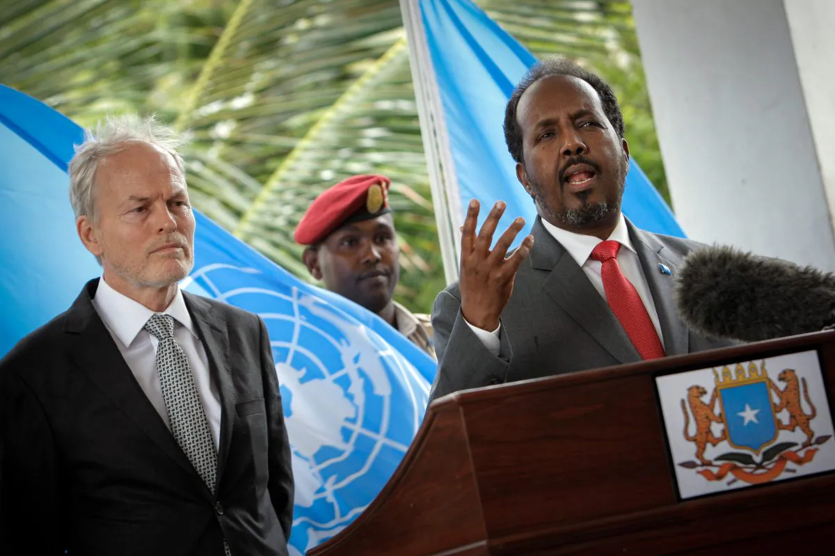 Somali President Hassan Sheikh Mohamud (R) and the head of the U.N. Assistance Mission in Somalia (UNSOM), Nicholas Kay (L), in a press conference for the peaceful resolution of conflicts in the country, at Villa Somalia, in Mogadishu, Somalia, on June 8, 2013. (Stuart Price/AFP/Getty Images)
