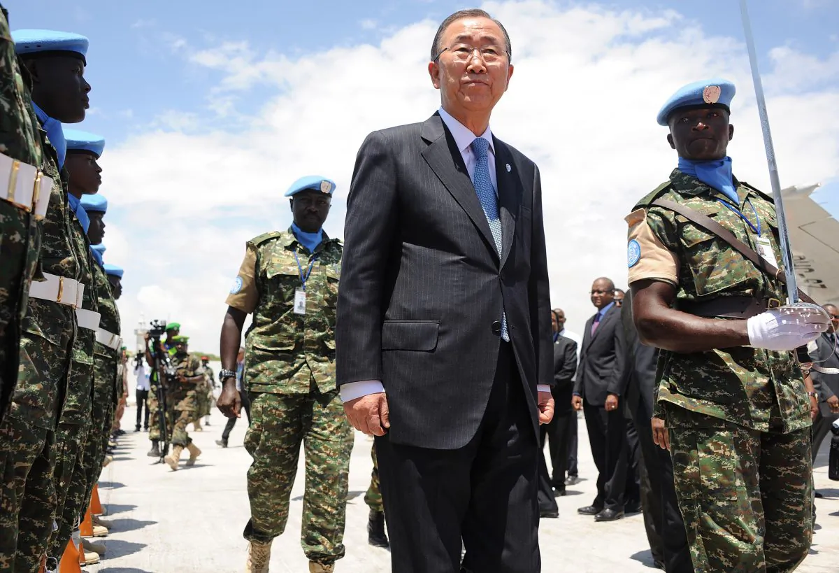 U.N. Secretary General Ban Ki-moon (C) reviews troops as he arrives in Mogadishu, Somalia, on Oct. 29, 2014. (Mohamed Abdiwahab/AFP/Getty Images)