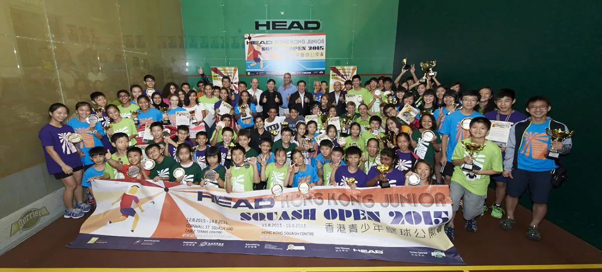 A group photo following the prize giving at the Head Hong Kong Squash Open 1015 on Sunday August 16, 2015. (Hong Kong Squash Association)