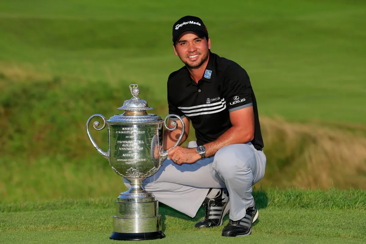 Jason Day of Australia poses with the Wanamaker Trophy after winning the 2015 PGA Championship with a score of 20-under par at Whistling Straits on August 16, 2015 in Sheboygan, Wisconsin. (Tom Pennington/Getty Images)