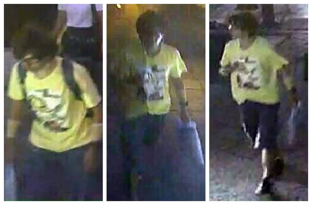This Aug. 17, 2015, image, released by Royal Thai Police spokesman Lt. Gen. Prawut Thavornsiri shows a man wearing a yellow T-shirt near the Erawan Shrine before an explosion occurred in Bangkok, Thailand. (Royal Thai Police via AP)