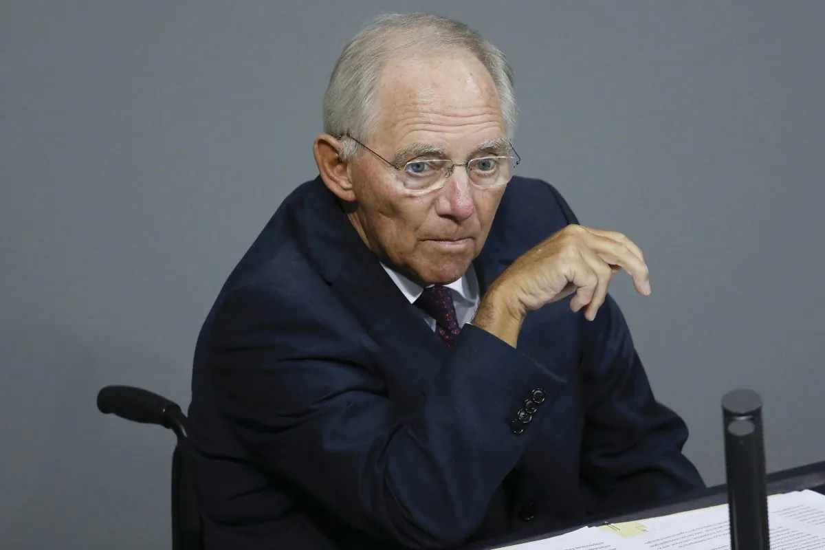German Finance Minister Wolfgang Schaeuble addresses the German parliament prior to a vote on another bailout package for Greece, in the German Bundestag in Berlin, Wednesday, Aug. 19, 2015. (AP Photo/Markus Schreiber)