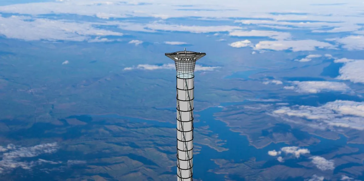An artist's concept of the soaring 20-kilometre space elevator being developed by Thoth Technology. (Courtesy of Thoth Technology)