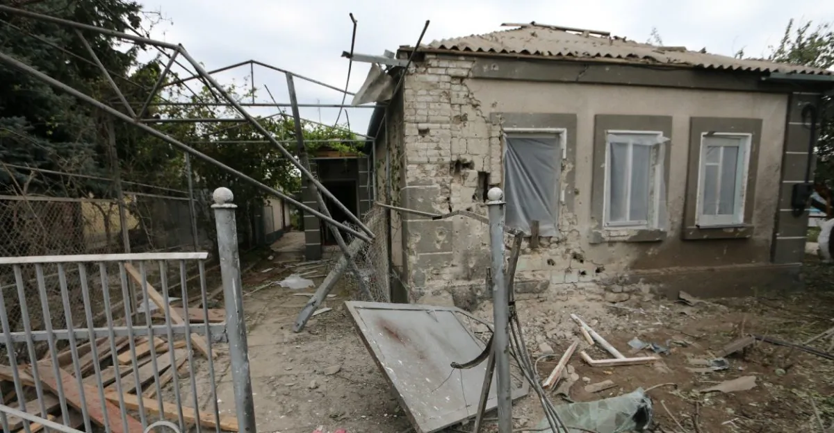 Artillery damage in Sartana, Ukraine. The attack, which comprised 122-mm and 152-mm artillery, lasted for 25 minutes on Oct. 16. (Nolan Peterson/The Daily Signal)