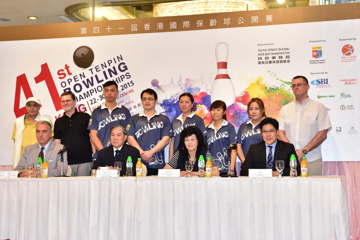 Top table guests (seated) together with the Hong Kong Team Manager, Coaches and five seeded Hong Kong bowlers in the Masters Open competitions during the Opening Ceremony for the 41st Hong Kong International Tenpin Bowling Championships at the Regal Hotel on Thursday August 20, 2015. The tournament will take place between August 22 and August 30 at the South China Athletic Association Bowling Centre in Causeway Bay. (Bill Cox/Epoch Times)