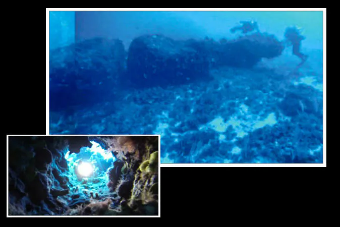 A monolith found submerged between the coasts of Sicily and Tunisia, including a close-up of a hole in the monolith. (Science Direct)
