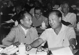 Hu Yaobang (L, 1915-89) and of Zhao Ziyang, Chinese Communist Party (CCP) general secretary. Purged during the Cultural Revolution, Hu Yaobang was elected Chinese Communist party leader in 1981 and dismissed in 1987 for his relaxed handling of wave of student unrest. His death triggered an unprecedented wave of pro-democracy demonstration in May 1989. (STR/AFP)