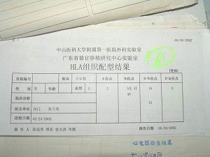 A 'kidney match" test was done at the Zhongshan Hospital on May 23, 2002. The listed doctor and Hospital on the documents were "The Internal Medicine Department, Zhu Lanying." (This photo was provided by the victim's family) A 'kidney match" test was done at the Zhongshan Hospital on May 23, 2002. The listed doctor and Hospital on the documents were "The Internal Medicine Department, Zhu Lanying." (This photo was provided by the victim's family)