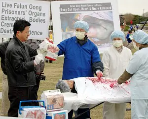 A group of four Falun Gong practitioners re-enact the organ harvest in Sujiatun Extermination Camp at a rally on Parliament Hill in Ottawa, Canada, 3-06-2006. (Central News Agency)
