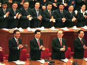 (L-R-front row) Chairman of the National People's Congress Hu Bangguo, President Hu Jintao, former Party head Jiang Zemin and Premier Wen Jiabao attend the opening session of the five-yearly Chinese Communist Party Congress at the Great Hall of the People October 15, 2007 in Beijing, China. (Andrew Wong/Getty Images)